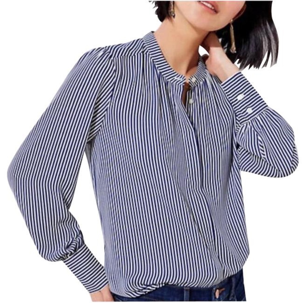 LOFT Blue and White Stripped Button Front Blouse